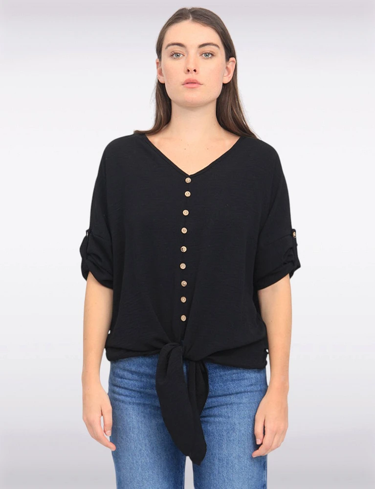 Crinkled Solid Button Down V-Neck Front Tie Blouse by Froccella