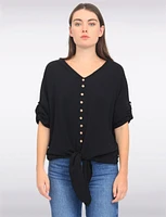 Crinkled Solid Button Down V-Neck Front Tie Blouse by Froccella