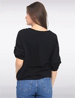 Crinkled Solid Button Down V-Neck Front Tie Blouse by Froccella
