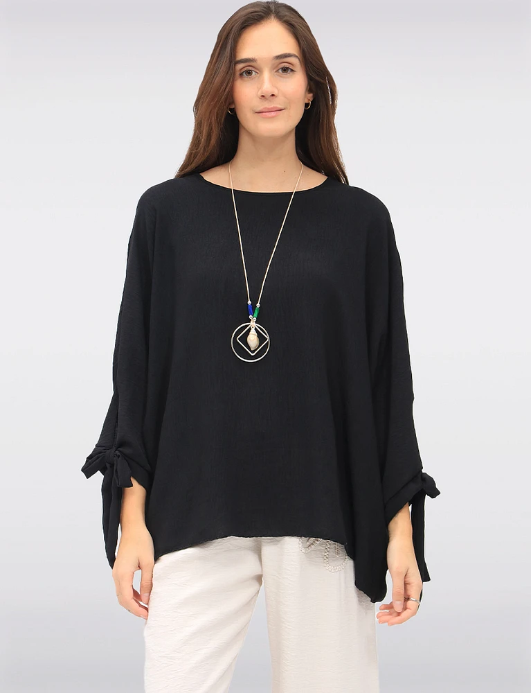 Round Neck Loose Fit Tie Sleeve Top with Elegant Necklace by Froccella