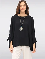 Round Neck Loose Fit Tie Sleeve Top with Elegant Necklace by Froccella