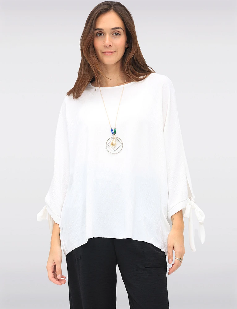 Round Neck Loose Fit Tie Sleeve Top with Elegant Necklace by Froccella