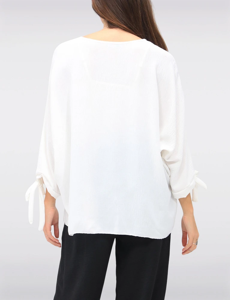 Round Neck Loose Fit Tie Sleeve Top with Elegant Necklace by Froccella