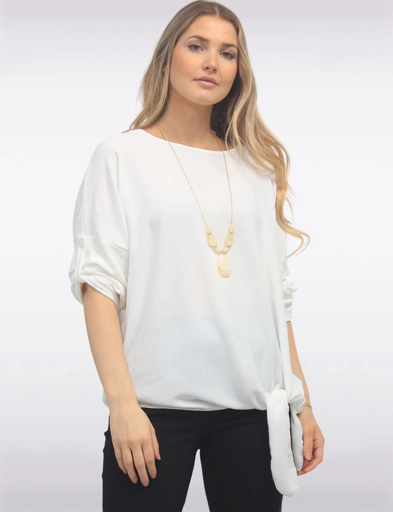 Round Neck Front Side Tie-Hem Top with Necklace by Froccella