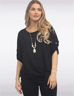 Round Neck Front Side Tie-Hem Top with Necklace by Froccella