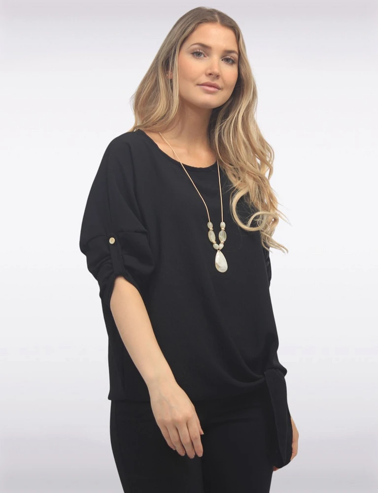 Round Neck Front Side Tie-Hem Top with Necklace by Froccella