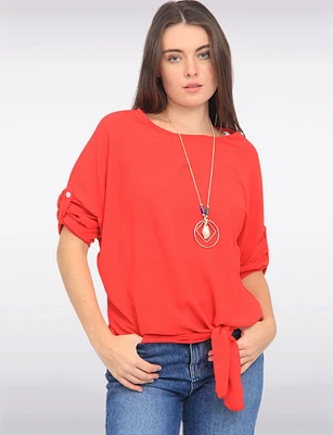 Round Neck Front Side Tie-Hem Top with Necklace by Froccella