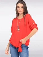 Round Neck Front Side Tie-Hem Top with Necklace by Froccella