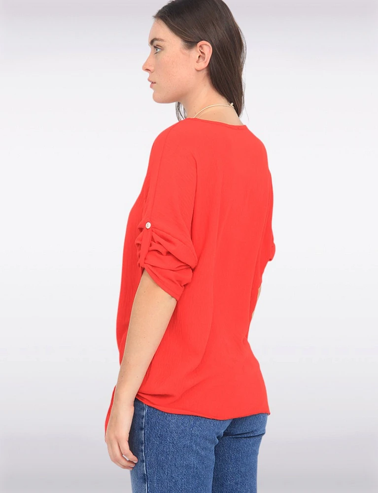 Round Neck Front Side Tie-Hem Top with Necklace by Froccella