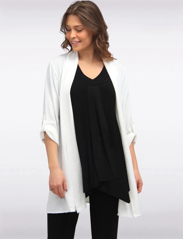 Long Crinkle Flowy Adjustable Sleeve Drape Front Cardigan by Froccella