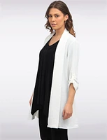 Long Crinkle Flowy Adjustable Sleeve Drape Front Cardigan by Froccella
