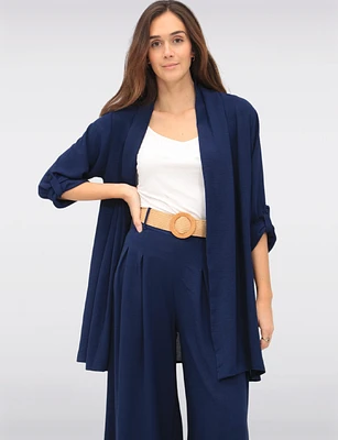 Long Crinkle Flowy Adjustable Sleeve Drape Front Cardigan by Froccella