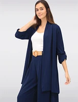 Long Crinkle Flowy Adjustable Sleeve Drape Front Cardigan by Froccella