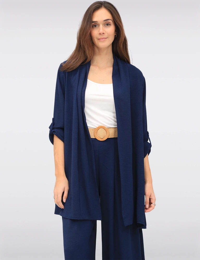 Long Crinkle Flowy Adjustable Sleeve Drape Front Cardigan by Froccella