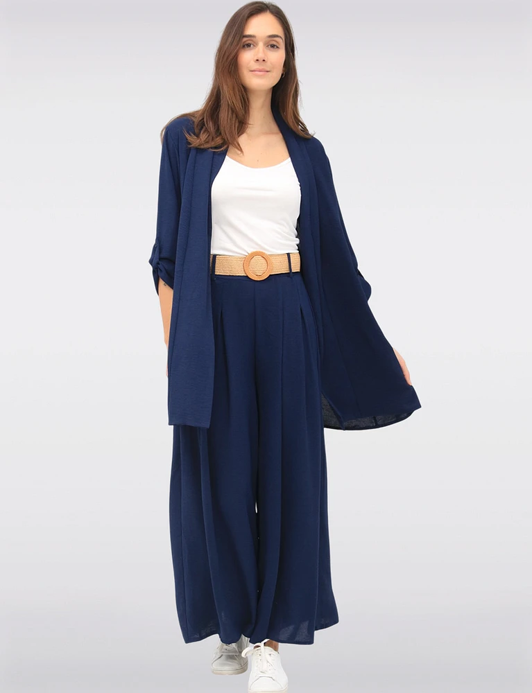 Long Crinkle Flowy Adjustable Sleeve Drape Front Cardigan by Froccella