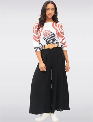 Lightweight Flowy Wide-Leg Pants with Stretch Straw-Buckle Belt by Froccella