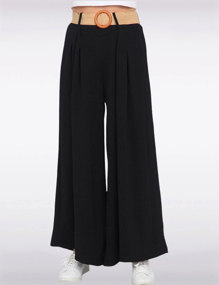 Lightweight Flowy Wide-Leg Pants with Stretch Straw-Buckle Belt by Froccella