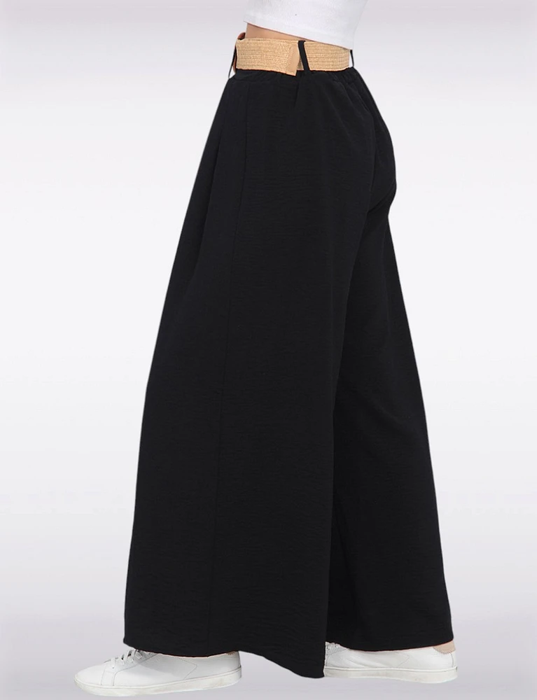 Lightweight Flowy Wide-Leg Pants with Stretch Straw-Buckle Belt by Froccella