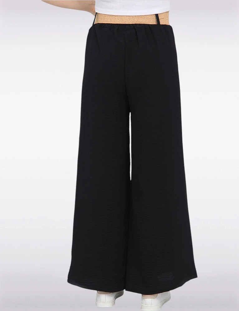 Lightweight Flowy Wide-Leg Pants with Stretch Straw-Buckle Belt by Froccella