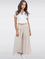 Lightweight Flowy Wide-Leg Pants with Stretch Straw-Buckle Belt by Froccella