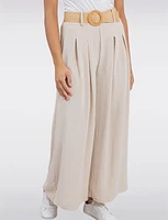 Lightweight Flowy Wide-Leg Pants with Stretch Straw-Buckle Belt by Froccella