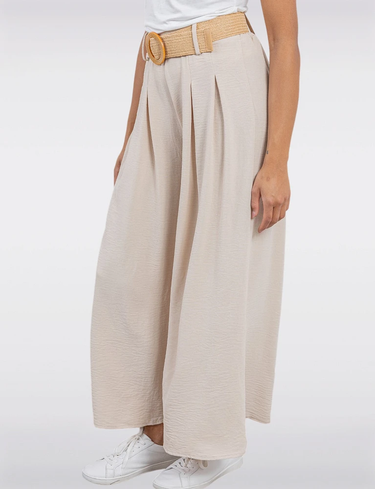 Lightweight Flowy Wide-Leg Pants with Stretch Straw-Buckle Belt by Froccella