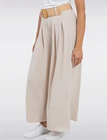 Lightweight Flowy Wide-Leg Pants with Stretch Straw-Buckle Belt by Froccella