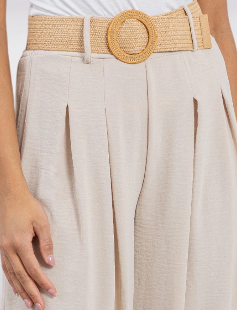Lightweight Flowy Wide-Leg Pants with Stretch Straw-Buckle Belt by Froccella