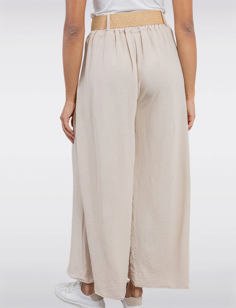 Lightweight Flowy Wide-Leg Pants with Stretch Straw-Buckle Belt by Froccella