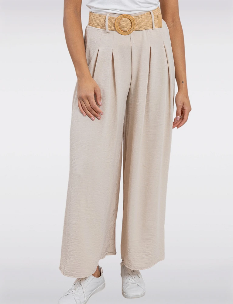Lightweight Flowy Wide-Leg Pants with Stretch Straw-Buckle Belt by Froccella
