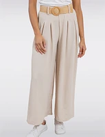 Lightweight Flowy Wide-Leg Pants with Stretch Straw-Buckle Belt by Froccella