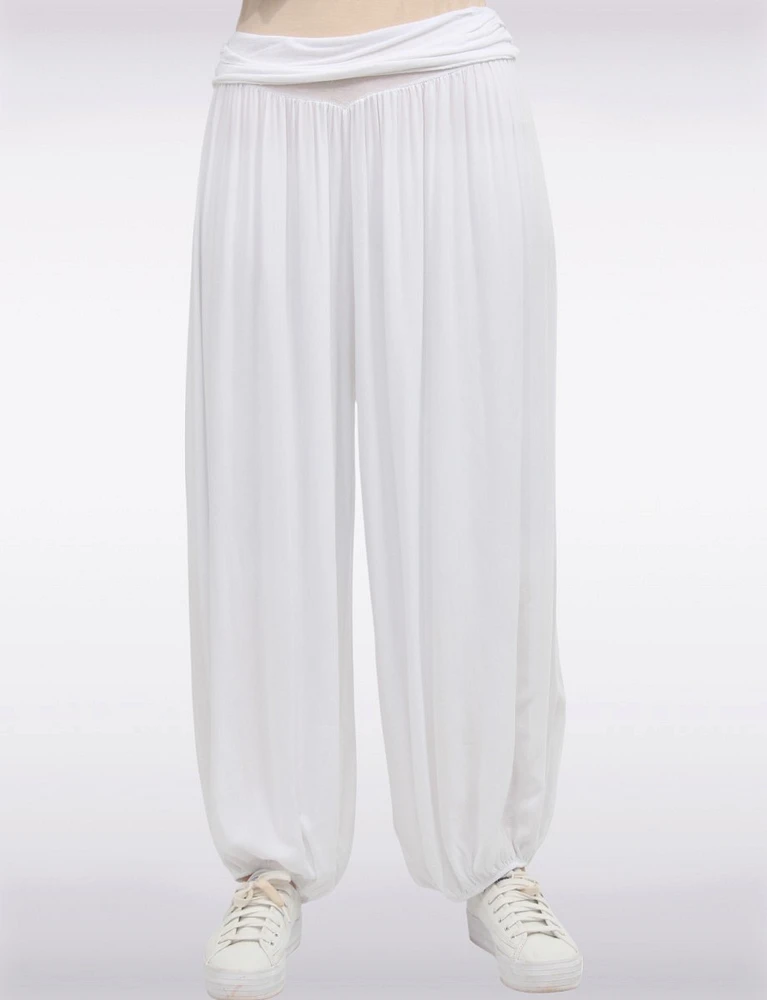 Solid Flowy Ruched Waist Band and Elastic Hem Balloon Pants by Froccella