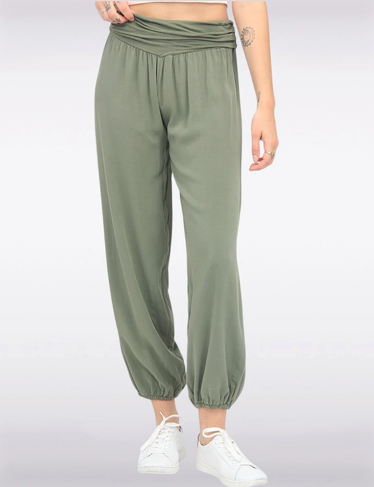 Solid Flowy Ruched Waist Band and Elastic Hem Balloon Pants by Froccella