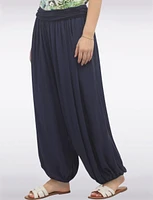Solid Flowy Ruched Waist Band and Elastic Hem Balloon Pants by Froccella