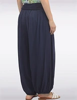 Solid Flowy Ruched Waist Band and Elastic Hem Balloon Pants by Froccella