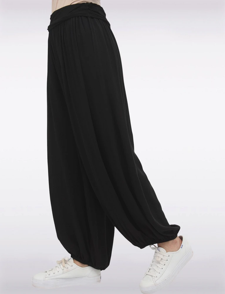 Solid Flowy Ruched Waist Band and Elastic Hem Balloon Pants by Froccella