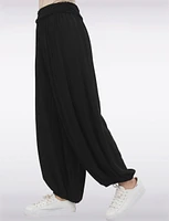 Solid Flowy Ruched Waist Band and Elastic Hem Balloon Pants by Froccella