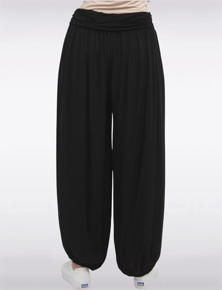 Solid Flowy Ruched Waist Band and Elastic Hem Balloon Pants by Froccella