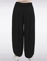 Solid Flowy Ruched Waist Band and Elastic Hem Balloon Pants by Froccella
