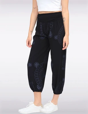 Flowy Ruched Waist Band and Elastic Hem Mandala Print Balloon Pants by Froccella
