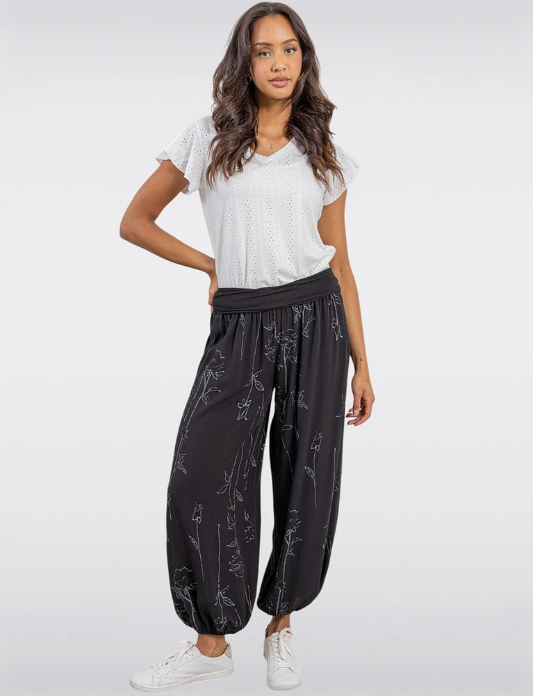 Flowy Ruched Waistband Elastic Hem Floral Print Balloon Pants by Froccella