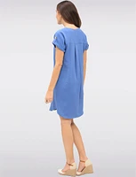 Short Sleeve Rolled Button Cuff Shirt Tail Hem Dress with Split Neck by Devia