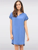 Short Sleeve Rolled Button Cuff Shirt Tail Hem Dress with Split Neck by Devia