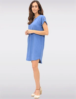 Short Sleeve Rolled Button Cuff Shirt Tail Hem Dress with Split Neck by Devia