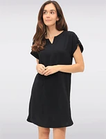 Short Sleeve Rolled Button Cuff Shirt Tail Hem Dress with Split Neck by Devia