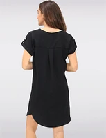 Short Sleeve Rolled Button Cuff Shirt Tail Hem Dress with Split Neck by Devia