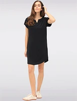 Short Sleeve Rolled Button Cuff Shirt Tail Hem Dress with Split Neck by Devia