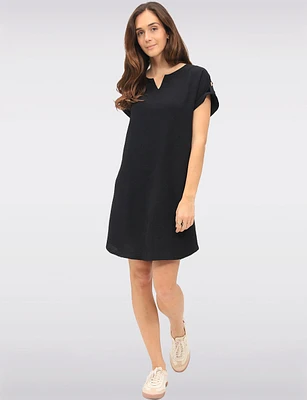 Short Sleeve Rolled Button Cuff Shirt Tail Hem Dress with Split Neck by Devia