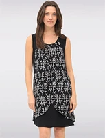 Versatile Black & White Sleeveless Dress with Printed Flowy Overlay by Devia