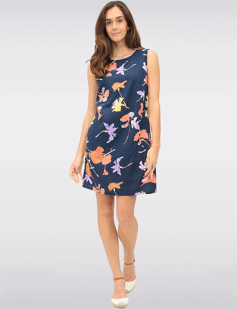 Linen-Blend Sleeveless Floral-Print Round-Neck Dress with Pockets by Devia